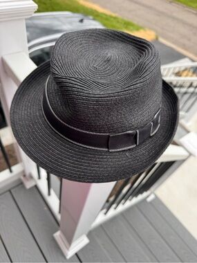 Men’s Classic Black Straw Fedora with Ribbon Trim approx 22”